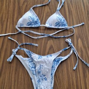 New Blue and White Floral Bikini Swim Suit, Size Small